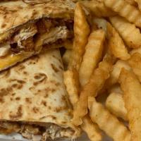 *Cheat Day Quesadilla · Grilled quesadilla filled with chopped chicken fingers, cheddar jack cheese, bacon, ranch an...