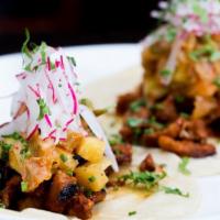 Spicy Pork Tacos (2 Pieces) · Grilled pineapple, kimchi, and cilantro.