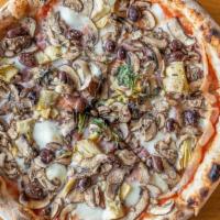 Capricciosa Pizza · Mozzarella, Tomato, Prosciutto Cotto, Taggiasca Olives, Mushrooms, Artichokes