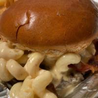 Mac N Chez Burger · Smoked Gouda mac n cheese, crispy bacon, chipotle ranch.