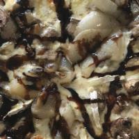 Holy Roller Signature Pizza · White base, Brie, caramelized onions, mushrooms, and balsamic glaze.