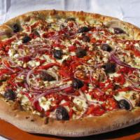 Chicken Pesto · Pesto sauce, mozzarella, grilled chicken breast, sun-dried tomatoes, roasted red peppers, re...