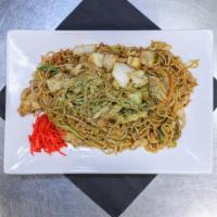 Chicken Yakisoba · Pan-fried ramen noodle, Napa cabbage, carrot, onion, bean sprouts, scallion, sesame oil, pic...