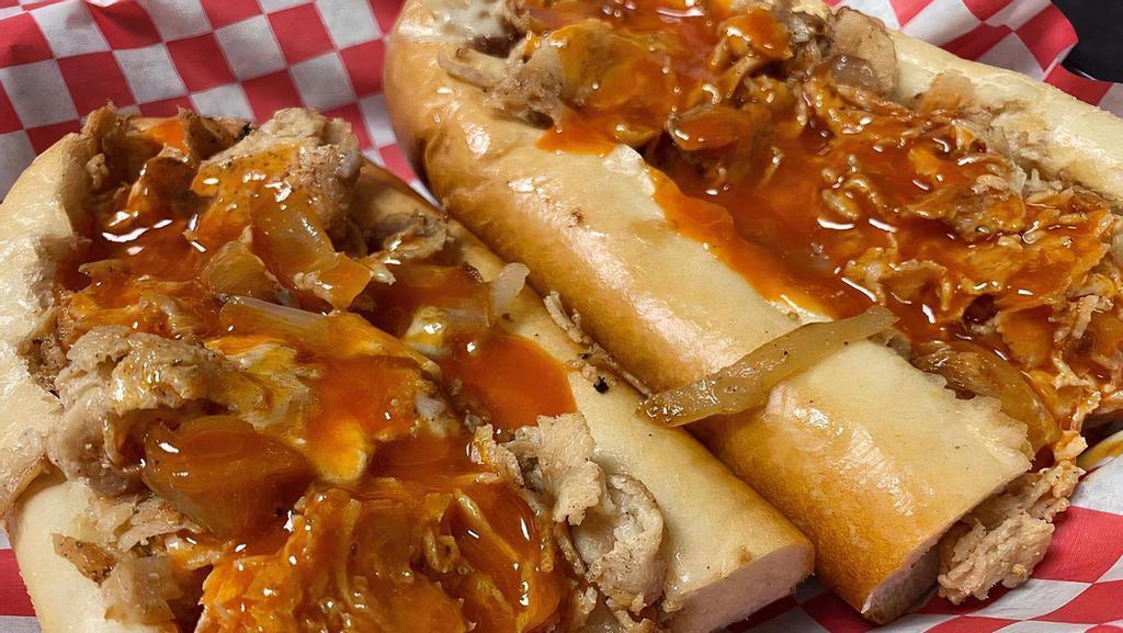 Buffalo Chicken Cheese Steak Sub · American cheese, onions, and Dino's mild sauce served with Bleu cheese.