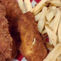 2 Chicken Tenders & Fries · Comes with a drink. 12 and under only.