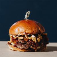 Be Afraid.  Be Very Afraid · Pepper jack cheese, bacon, chili-onion relish, BBQ sauce, ranch, corn chips