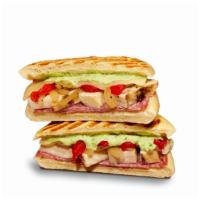 Chicken Pesto Panini · roasted chicken, pesto mayo, provolone cheese, salami, roasted onions, roasted red peppers