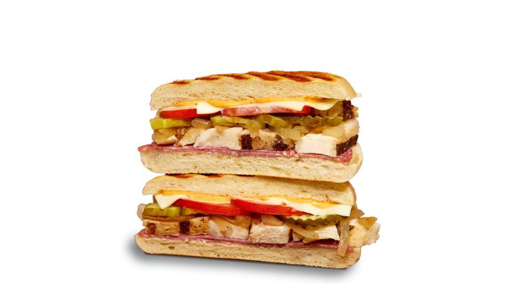 Southwest Chicken Panini · roasted chicken, chipotle mayo, american cheese, salami, roasted onions, tomatoes, pickles