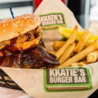 Barbecue Burger · Double angus burgers, cheddar jack cheese, bacon, caramelized onions, barbecue sauce, grille...