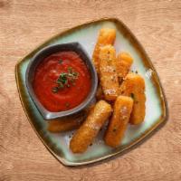 Cheesy Mozzarella Strips · Cheese coated in seasoned breadcrumbs, then deep fried until golden brown and crispy.