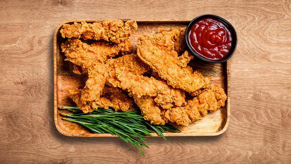 Fried Chicken Strips (8 Pcs) · 8 pcs of Succulent chicken tenders, breaded and batter-fried golden with choice of sauce comes with your choice of 2 wing sauce