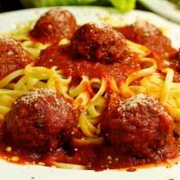Meatball Parm Pasta · With marinara sauce and melted cheese.
