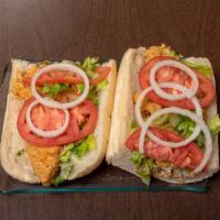 Whiting Or Swai Fish Hoagie With Fries · Fried fish on a Hoagie roll with  Spring mix lettuce and tomatoes