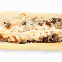 Pizza Steak · Steak, sauce & mozzarella cheese on a toasted long roll.