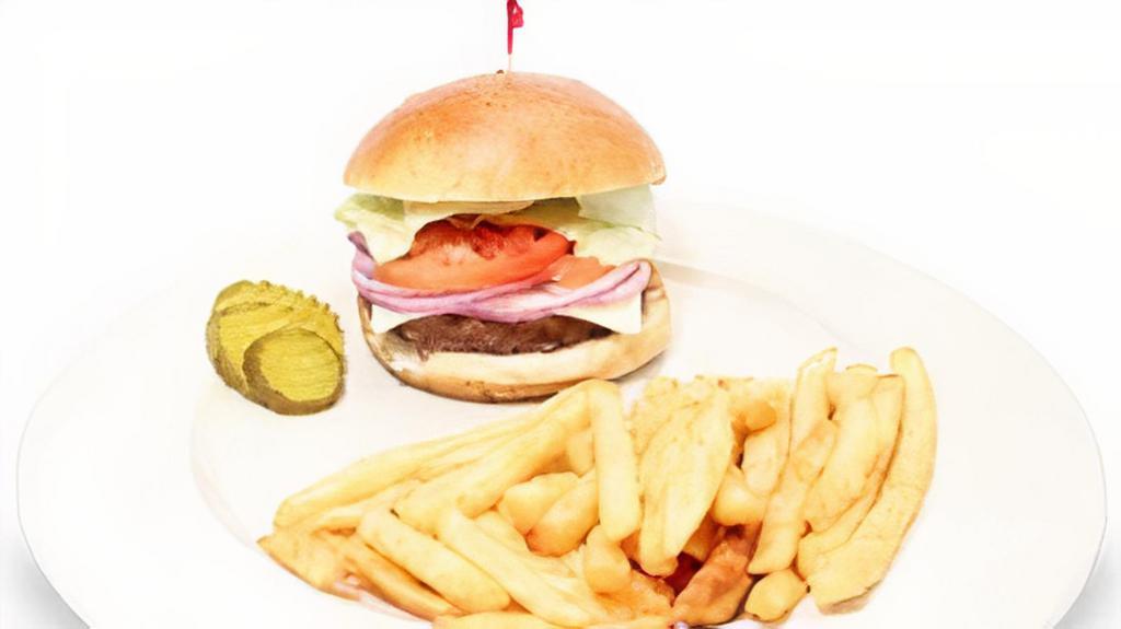 Cheeseburger · Burger on a soft bun with American cheese, lettuce, tomato & onion.