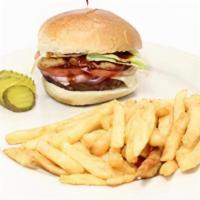 Texas Bbq Burger · Burger on a soft bun with American cheese, BBQ sauce, bacon, lettuce, tomato & onion.