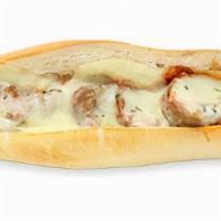 Meatball Parmigiana Sandwich · Meatballs with sauce and mozzarella cheese on a long roll.