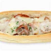 Veal Parmigiana Sandwich · Breaded veal cutlet with sauce and mozzarella cheese on a long roll.