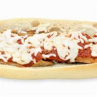 Eggplant Parmigiana Sandwich · Breaded eggplant with sauce and mozzarella cheese on a long roll.