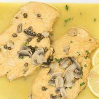 Chicken Piccata · Chicken breast sautéed with capers & mushrooms in a white wine lemon butter sauce.