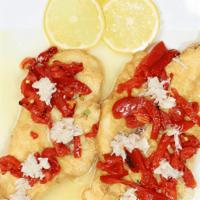 Chicken Alla Mia · Sauteed chicken breast with roasted peppers & crab meat in a lemon butter white wine sauce.