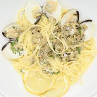 Linguini W Clam Sauce · Chopped baby clams with garlic & white wine in a red or white sauce.