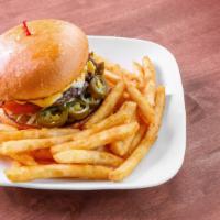 Max Burgers · 1/3 Patty, Grilled onions, mushrooms, jalapeno pepper, ham, bacon, lettuce, tomato, pickle, ...