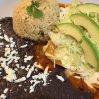 Cheese Enchiladas · Served with Mexican rice refried beans topped with lettuce, sour cream, queso fresco, radish...
