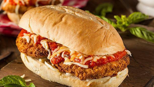 Chicken Parm Hoagie · Breaded chicken cutlet with melted provolone and mozzarella, and marinara on a hoagie roll.