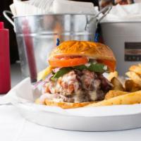 Fat Boy'S Vegas Burger · Stuffed with American cheese and topped with more American, bacon, avocado, tomatoes, red on...