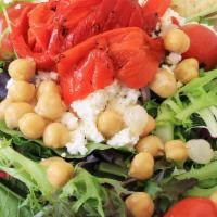 Mediterranean Salad · Kale, mixed greens, roasted red peppers, cherry tomatoes, onions, feta cheese, chickpeas and...