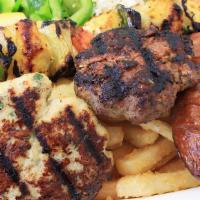 Mixed Grill · Grilled chicken, grilled Greek meatballs, Greek sausage, lamb kebab served with french fries...