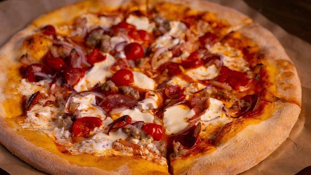 Four Fathers · bacon, pepperoni, sausage, prosciutto, mozzarella, sliced red onion, cherry peppers.