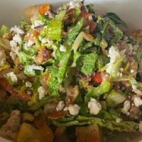 City Tap Chop Salad · bacon, blue cheese, olives, roasted tomatoes, croutons, crispy shallots, shaved onions, egg,...