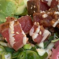 East Side Poke Bowl · marinated tuna, farro, arugula, avocado, scallions, cilantro, pickled onions, miso sauce, se...