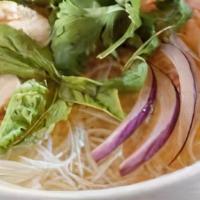 Pho B · Vietnamese style rice noodle with assorted seafood in beef bone broth.