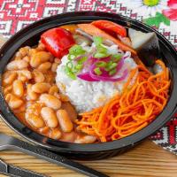 Mushroom Lobia Bowl · White Beans and Mushrooms in tomato sauce. Served with white rice, sweet and sour Vegetable ...