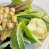 Shor Nakhod · Mixed greens, potatoes, and chickpeas. Served with cilantro vinaigrette dressing.