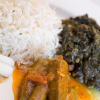 Sabzi Challow · Spinach sautéed with chunks of lamb and afghan seasonings, served with challow rice.
