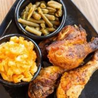 Baked Chicken Platter  · 2 Quarter legs with choice of gravy, honey bourbon sauce, or bbq sauce and 2 sides.