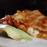 Cru Quesadilla · Flour tortilla stuffed with roasted corn, peppers, onions, sharp Cheddar cheese with shrimp,...