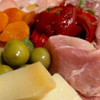 Meat & Cheese Board · Prosciutto di Parma, mortadella, capicola, Parmesan, pecorino, dried apricots, castelvetrano...