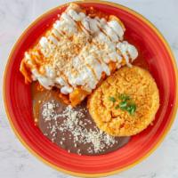 Queso Enchiladas · 4 Cheese enchiladas served with rice and beans