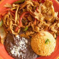 Pollo Fajita · Chicken grilled with bell peppers and onions, served with rice and beans