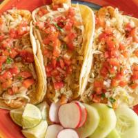 3 Shrimp Tacos · Soft corn tortilla with special chipotle sauce, grilled shrimp, pico de gallo, and cabbage.