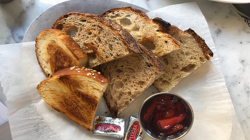 Bread & Butter · Toasted housemade bread served with butter and housemade jam.. Contains: Wheat, Dairy, Egg, Sesame
