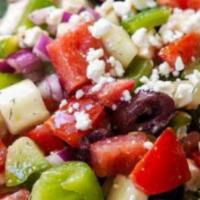Greek Salad · chopped Romaine lettuce mixed with kalamata olives, tomatoes, shaved onion, red and green pe...