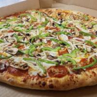Deluxe Pizza · Pepperoni, Sausage, Mushrooms, Vidalia onion, Green Peppers and Mozzarella Cheese.