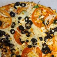 Mediterranean Pizza · Fresh Baby Spinach, Vidalia Onion, sliced tomatoes, feta cheese, black olives and mozzarella...