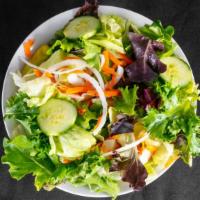 Garden Salad · Fresh mixed greens, cherry tomatoes, green pepper, cucumber, vidalia onions, shredded carrot...